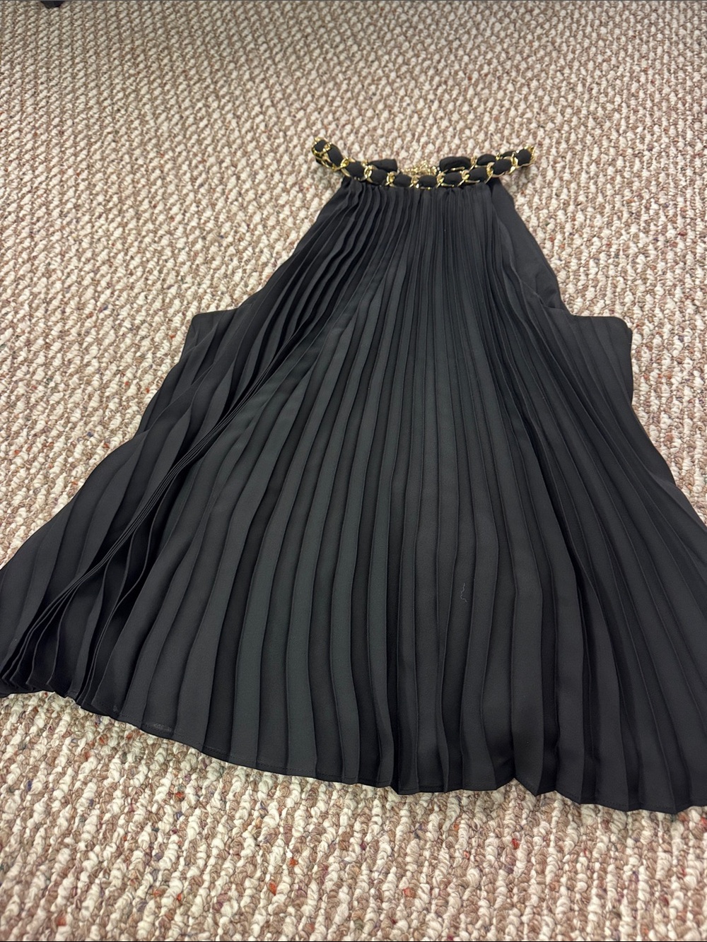 INC International Concepts Black Pleated Halter Dress with Chain-Trim